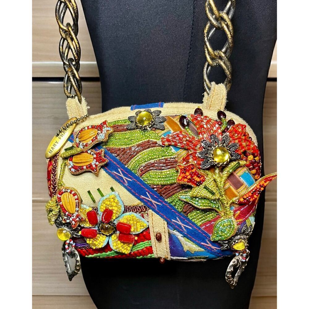 Vintage Mary Frances Suede Patchwork Floral Beaded Shoulder Bag